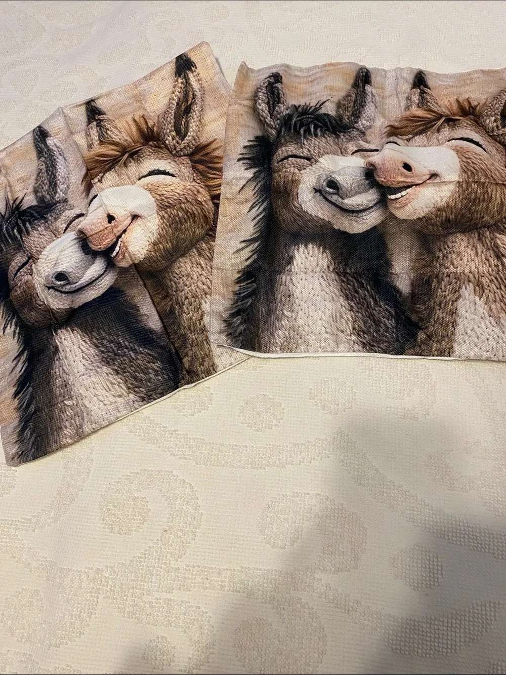 2D donkey pillow covers.  18x18.  Polyester.  Brand new with hidden zippers.
